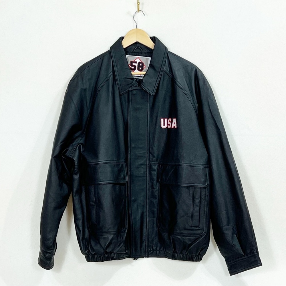 58 sport Black Leather jacket with front and back U.S.A embroidered